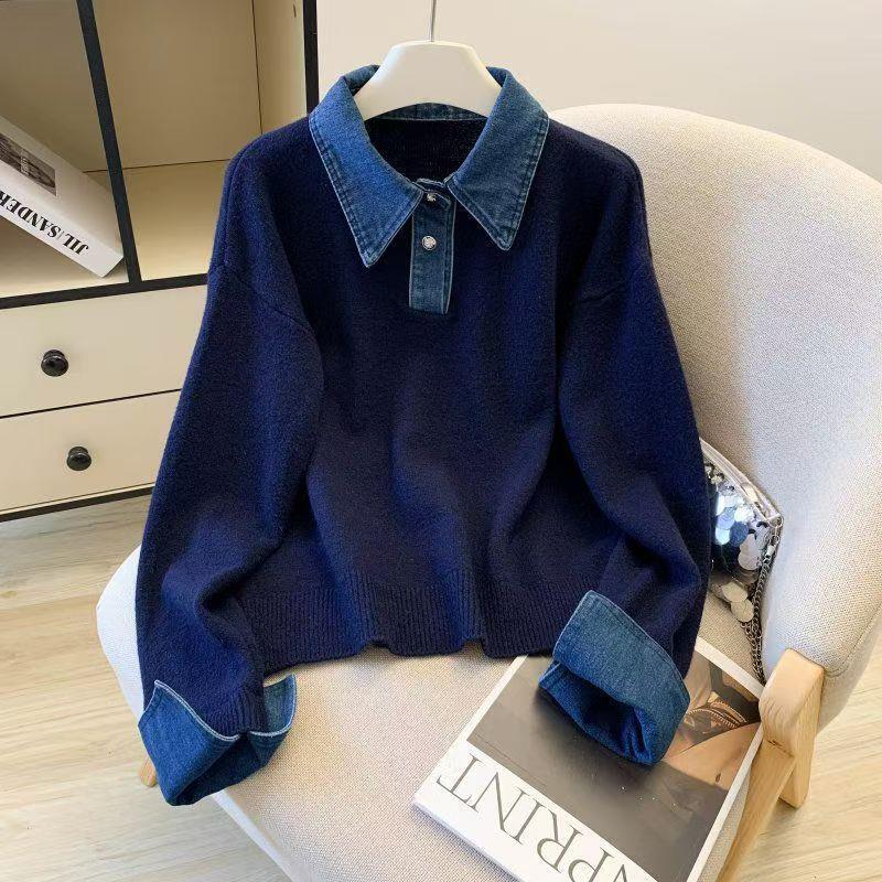 Fake Two-Piece Denim Patchwork Polo Collar Color-Block Sweater for Women, Autumn and Winter Design, Niche Style, Loose and Soft Knit Top Fake Two-Piece Denim Patchwork Polo Collar Color-Block Sweater for Women, Autumn and Winter Design, Niche Style, Loose and Soft Knit Top