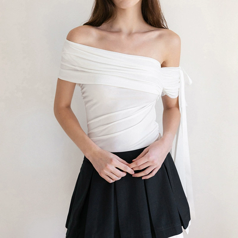 Сексуальная футболка в стиле чистого желания с наклонной лентой на плечах, дизайн талии, утягивающий топ, элегантная базовая универсальная простая футболка