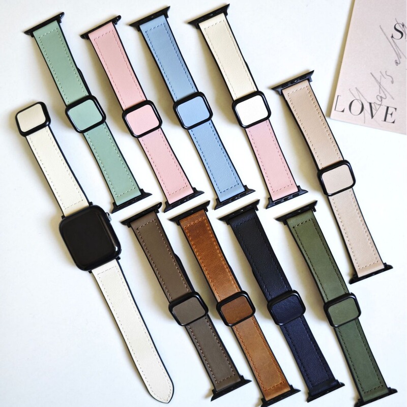Applicable to Apple Watch iwatch7/SE Square Magnetic Buckle S5/6/8/9 Silicone Sticker Crazy Horse Pattern Leather Strap