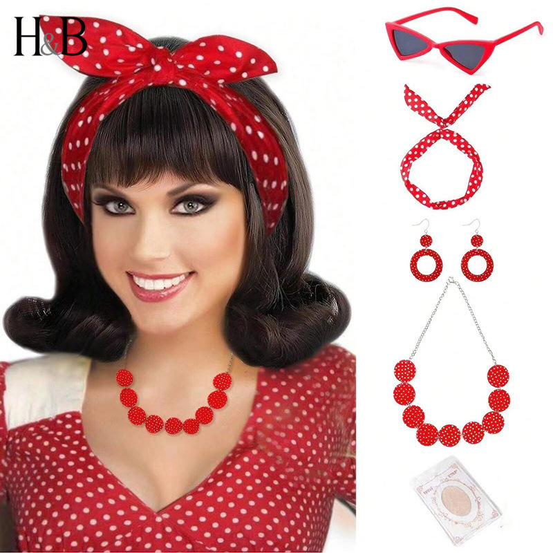 60s retro Halloween party wig set, 40cm curled American-style bangs, synthetic fiber wig for women