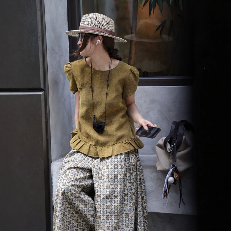 Summer Style New Chinese-Style Mulberry Silk Turtle-Patterned Vintage French-Style Shirt with Back Placket and Puff Sleeves ➕ Ruffled Hem Top