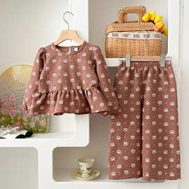 跨境热销2026韩版新款碎花泡泡长袖+直筒裤2件套女童套装一件代发