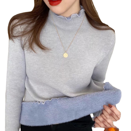 Women's new one-piece fleece sweater 2024 half turtleneck fungus edge autumn and winter bottoming shirt with knitted pullover top trendy