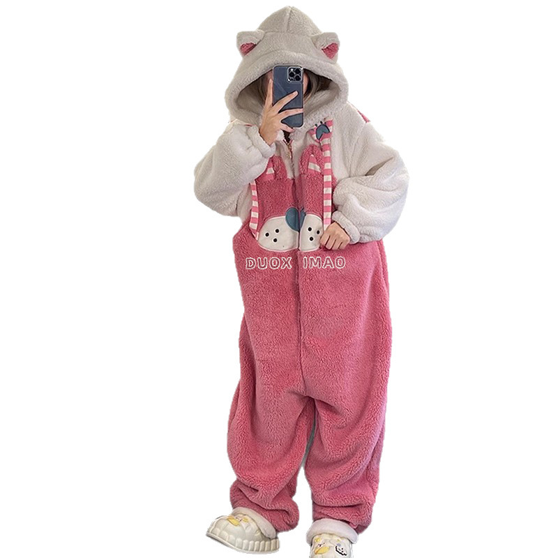 かわいい子猫コーラルベルベット長袖ワンピースパジャマ女性のための秋と冬 2025 新しい厚みのあるベルベット暖かいホーム服|undefined