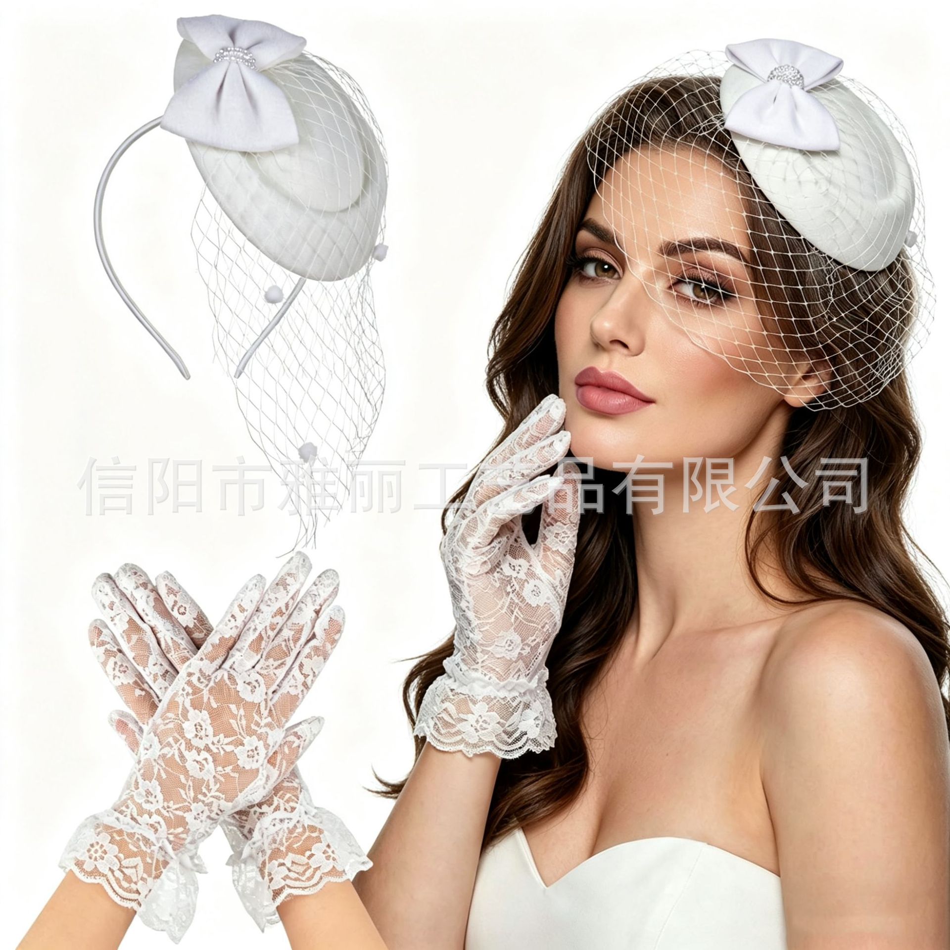 European and American bridal wedding dress ball bow headpiece set, horse racing club banquet vintage mesh top hat, headband, hair accessory