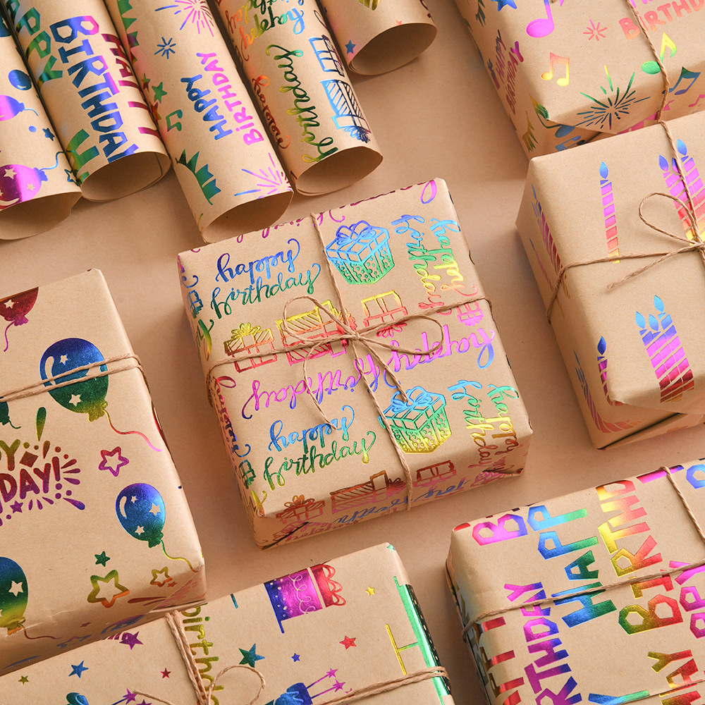 Regalo diy bronceado papel kraft cumpleaños dibujos animados niños retro caja de regalo material de papel de embalaje papel kraft amarillo rollo de papel