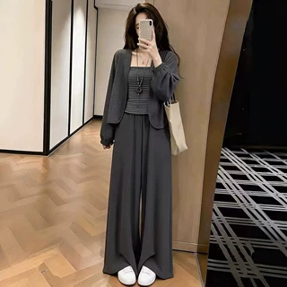 韩风时尚穿搭套装女2026年秋冬新款撞色吊带纯色开衫阔腿裤三件套