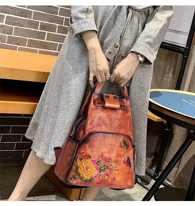 Ba lô nữ da bò cổ điển phong cách Trung Hoa, thiết kế sáng tạo — Màu đen cổ điển, Cà phê cổ điển, Màu nâu cổ điển chi tiết 18