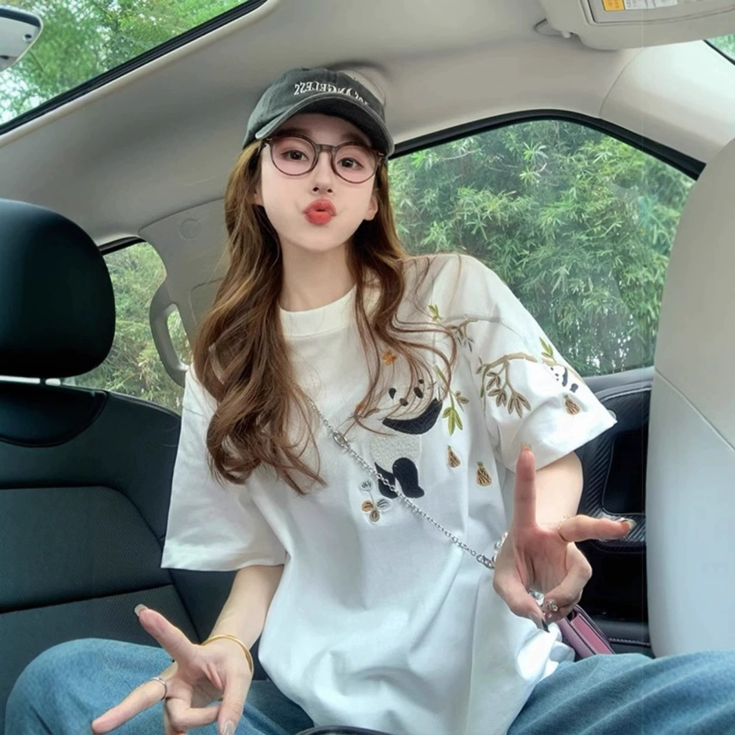 Женская футболка с коротким рукавом, вышивка панды в китайском стиле, новинка лета 2025 года, модный свободный крой, плотная ткань