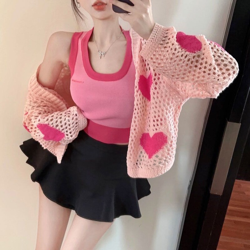 Stylish Design Hollow-Out Embroidered Sweater Niche Sun-Protective Outerwear Knit Cardigan for Women Summer Long-Sleeve Heart Pattern Stylish Design Hollow-Out Embroidered Sweater Niche Sun-Protective Outerwear Knit Cardigan for Women Summer Long-Sleeve Heart Pattern