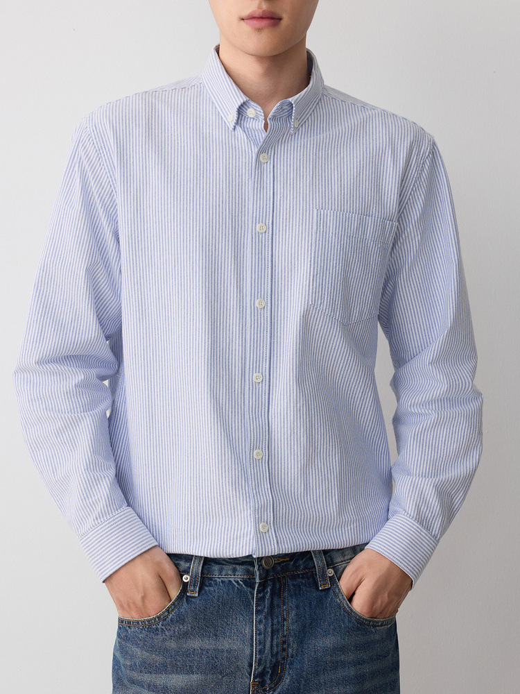 Áo sơ mi nam Oxford sọc xanh dài tay cotton — sọc xanh chi tiết 4