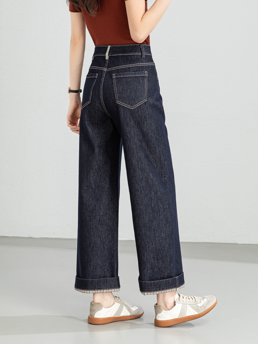 Quần jean nữ ống rộng cạp cao dáng suông vải denim xanh — Xanh da trờicolor