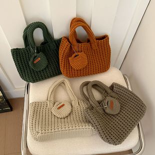Korean Style Ins Woven Bag Solid Color Handmade Crochet Bag Cute Wool Handbag Autumn and Winter Wear Cartoon Handbag