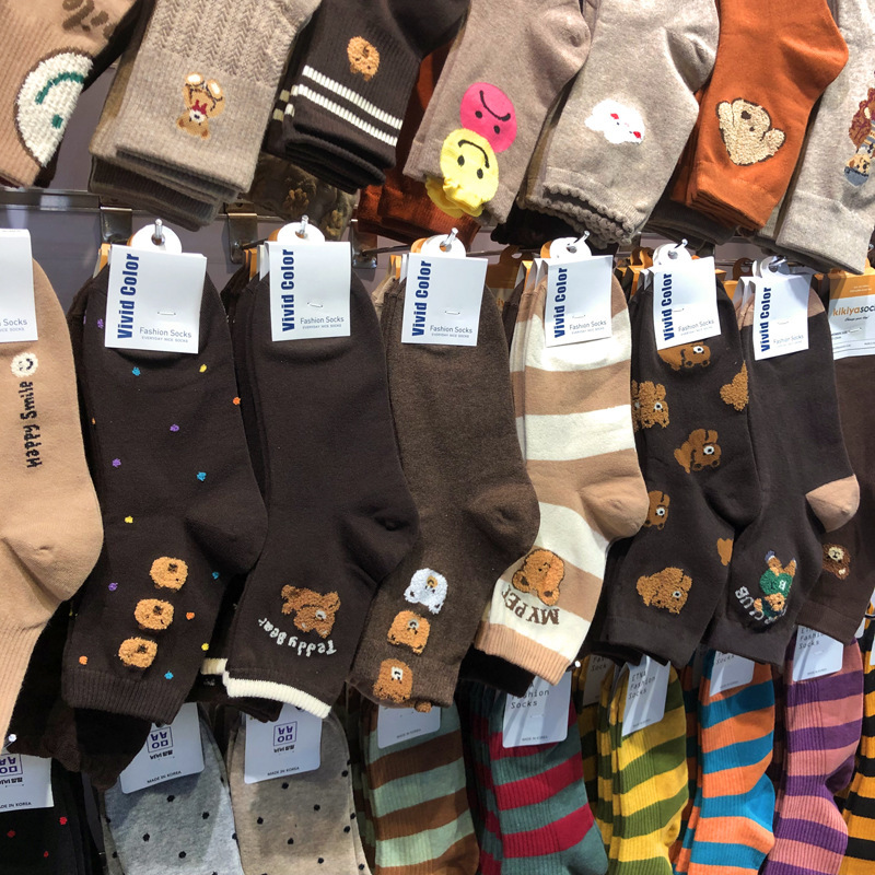 Korean Dongdaemun Socks, Melard Color Series, Bear Letter Design, Coffee-Colored Cotton Socks for Women, Earthy Warm Color, Mid-Calf Wool Socks