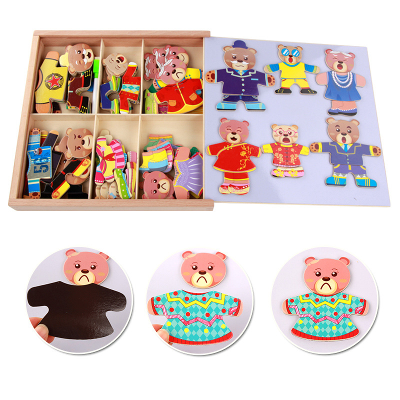 Rompecabezas magnético de los niños cambiando ropa juego oso animal cambiante pegatinas magnéticas educación temprana juguetes educativos al por mayor