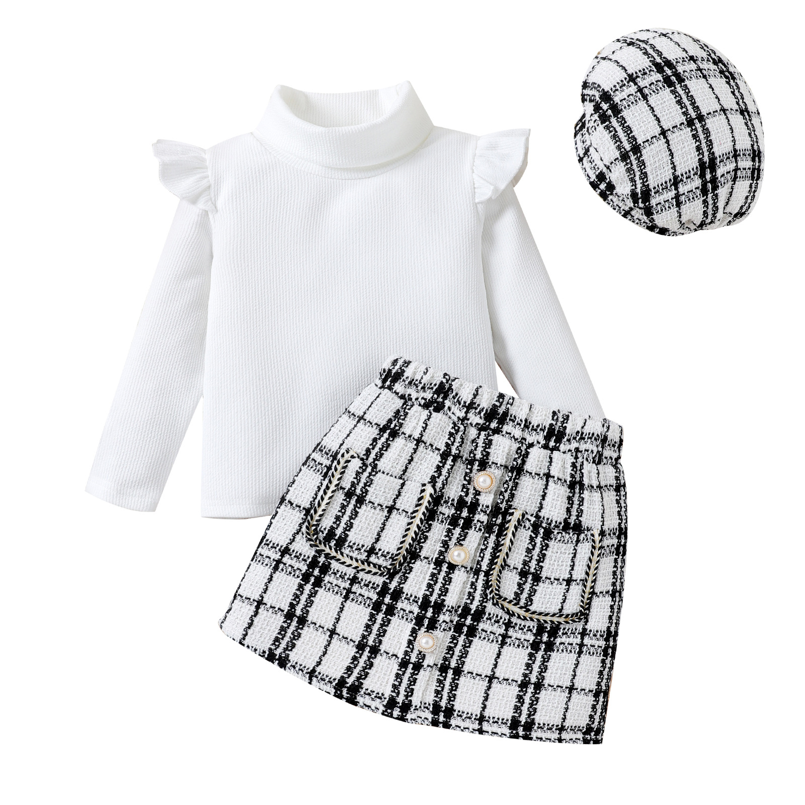 Autumn winter medium-sized children's with high collar cotton top, small fragrant checkered short skirt, and hat three_voghion.com