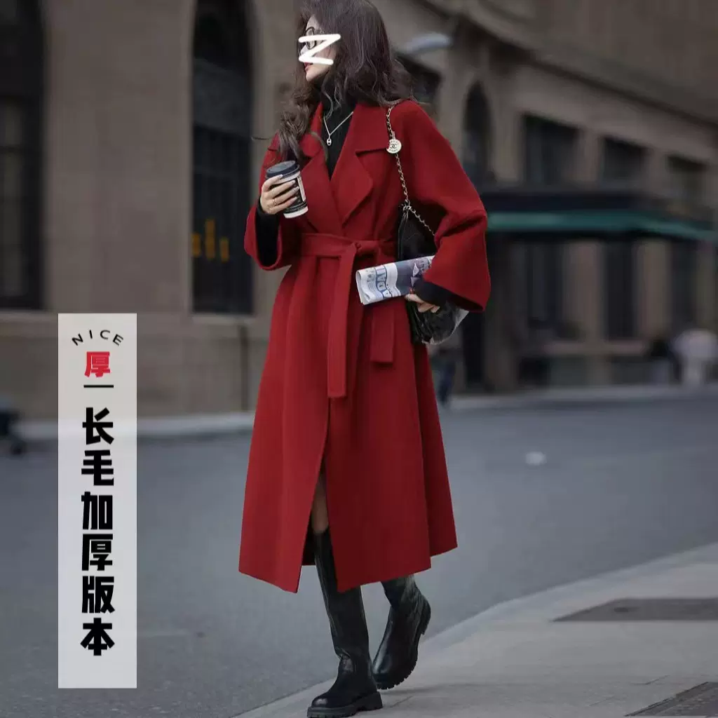 西西里新年战袍圣诞红色羊绒大衣外套女羊毛高端系带长款毛呢外套
