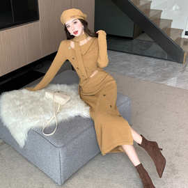 跨境美拉德咖色小香风针织套装女秋冬新款高级感毛衣半身裙气质两