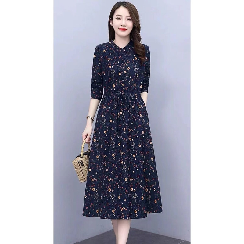 Original Export Long-Sleeve Floral Cotton-Linen Dress, New Autumn Ethnic Style, Slim-Fit Mid-Length Dress, Trendy