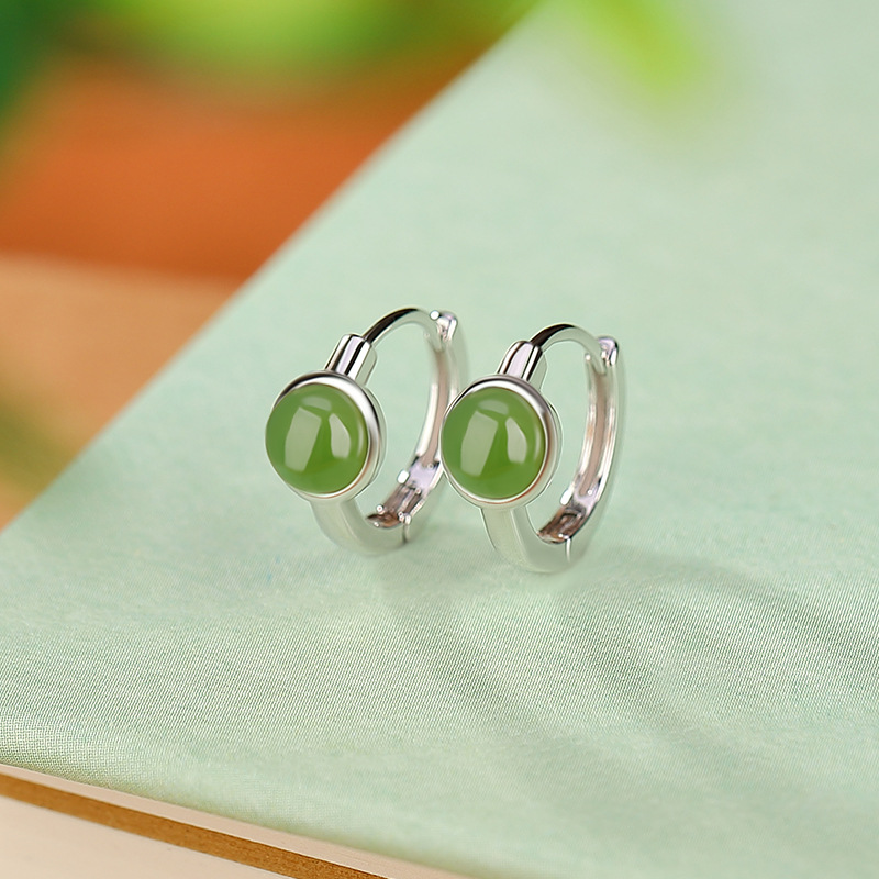 Bông tai kẹp tai nữ bạc S925 mạ vàng đính đá jasper đỏ hình hạt tròn phong cách đơn giản — Kiểu jasper màu bạc