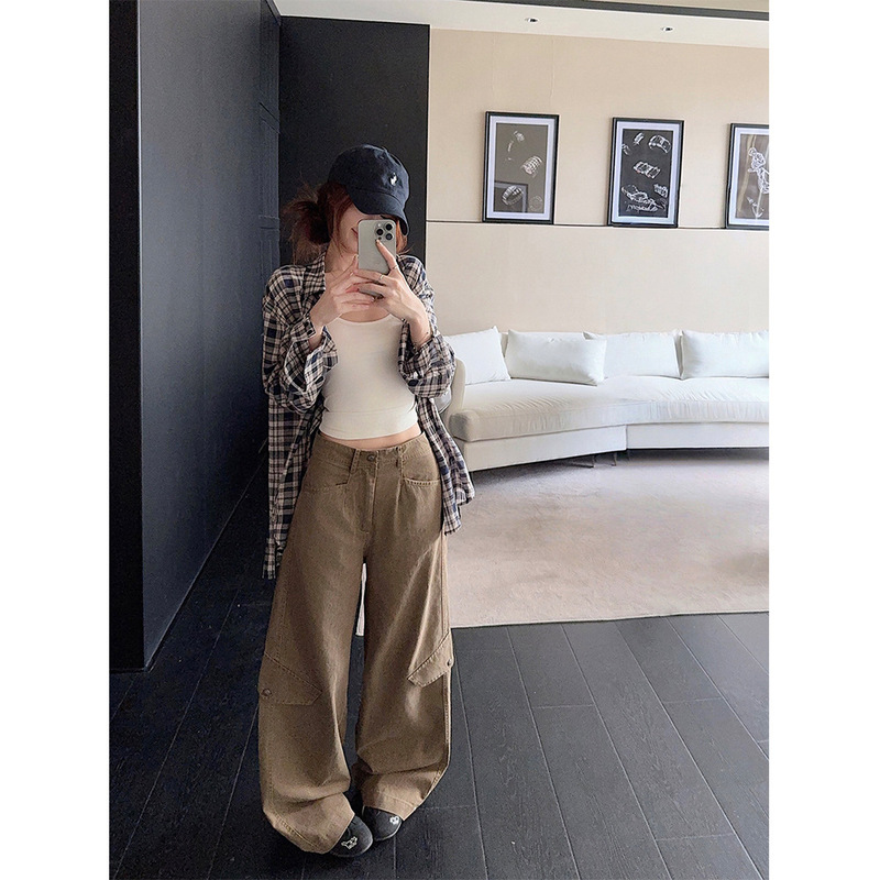 复古棕色工装阔腿裤女秋季高腰宽松显瘦直筒休闲裤小个子拖地长裤|undefined