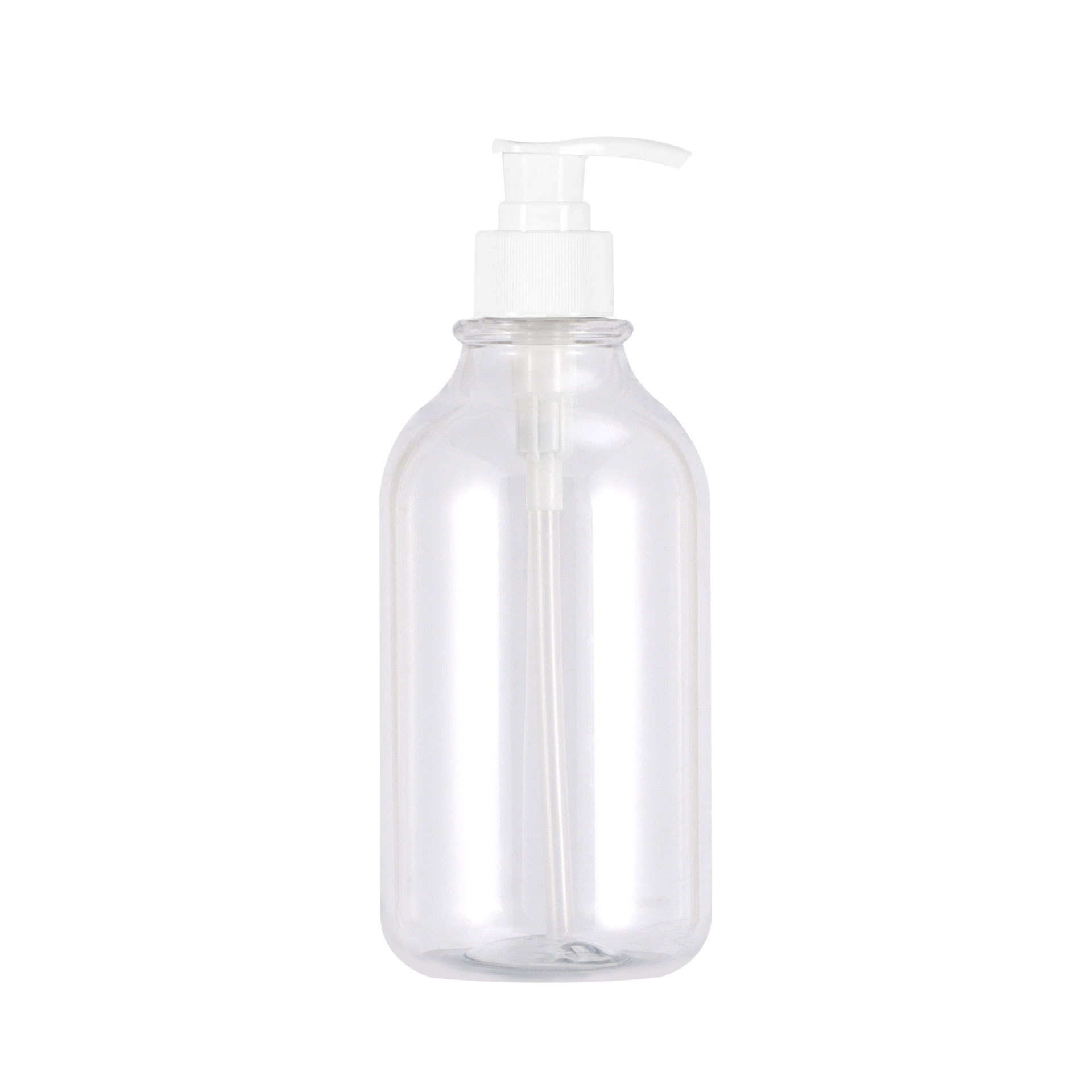 Botella de loción corporal de 300 ml en stock con hombros redondeados, botella dispensadora de plástico tipo pulsador para loción, botella de champú de PET de 500 ml.