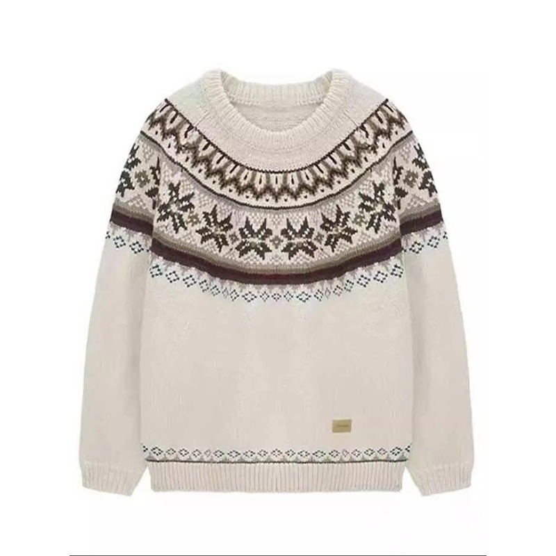 Men's Jacquard Knit Sweater Retro Color Block Round Neck Pullover_voghion.com
