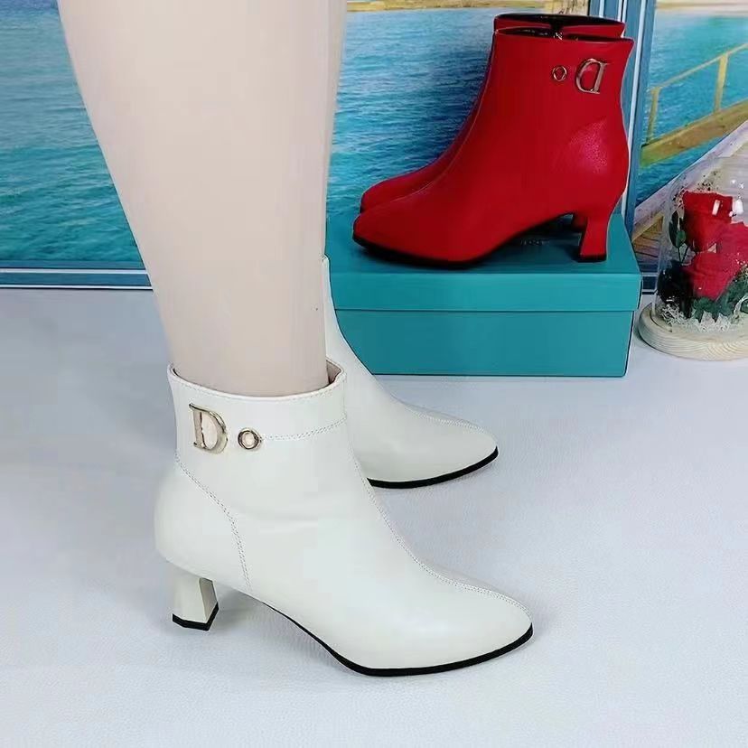 Pointed Toe High-Heeled Boots for Women 2025 New Soft Leather Shoes Women's Shoes Spring, Autumn and Winter White Single Boots Fleece-Lined Short Boots