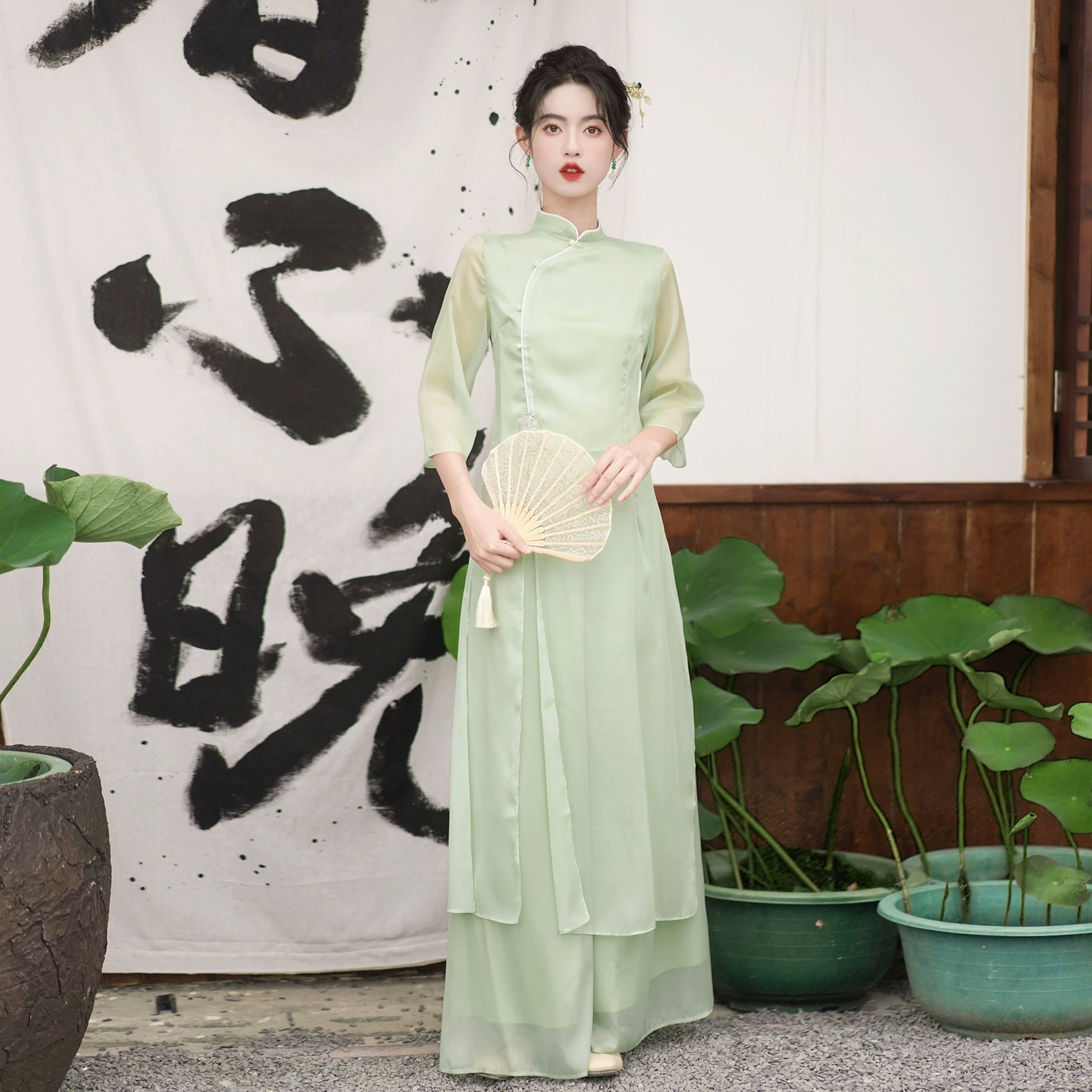 6620 в наличии Новая рабочая одежда в китайском стиле Улучшенный воротник-стойка Cheongsam чайный костюм с семью рукавами платье костюм женский костюм дзен