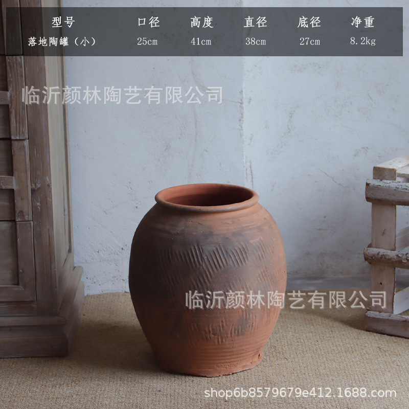 Gran vasija de cerámica de tierra gran vasija de estómago gran vasija de flores de viento tranquilo paisaje decoración residencial vasija de cerámica china estilo Zen retro