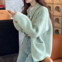 ダブルジッパー無地デザインセーターカーディガン女性のための 2025 秋と冬の新しい韓国スタイルの女性のためのルーズカジュアルセーター