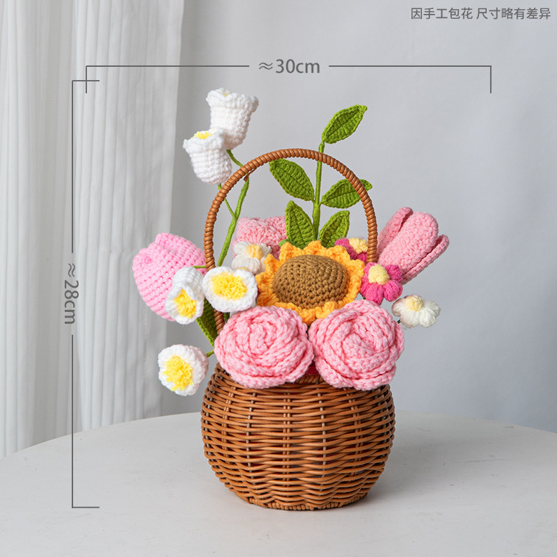 郁金香玫瑰针织花束手提花篮插花摆件闺蜜生日乔迁礼物装饰摆件花|undefined