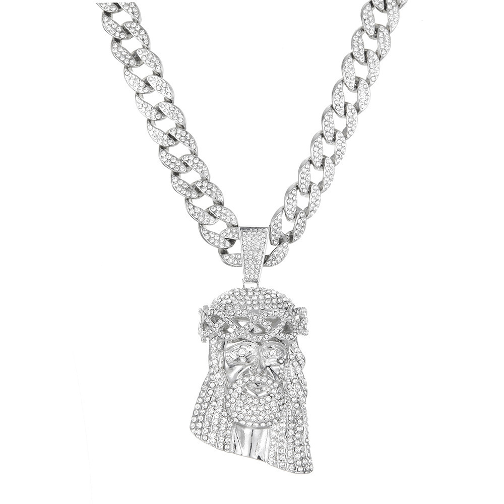Portrait Necklace For Men With Rhinestones And Cuban Chain_voghion.com