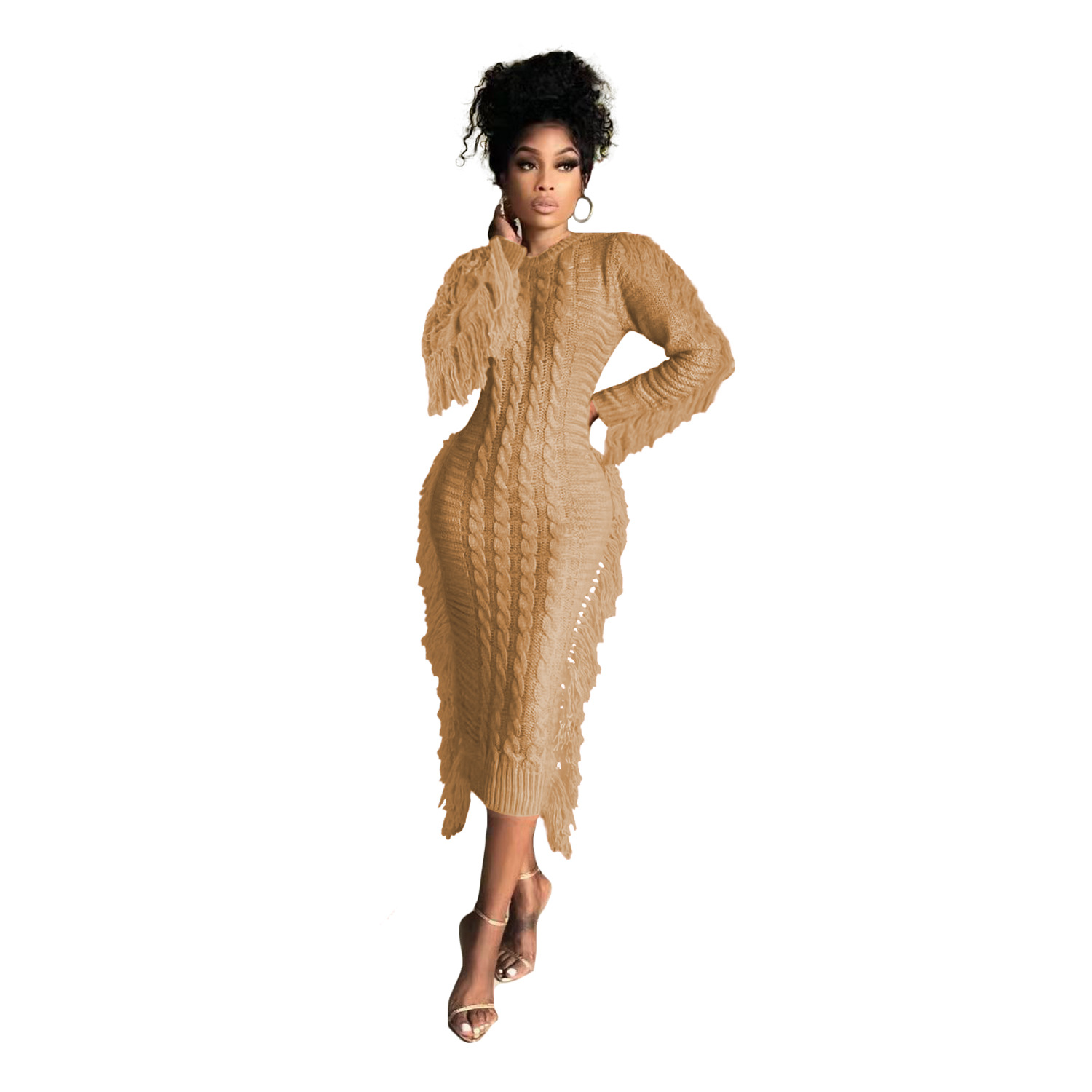 Robe pull femme avec franges longues en maille pour l'hiver_voghion.com