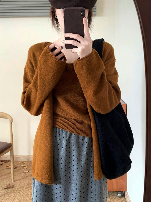 韩系温柔风纯色毛衣外套套装女秋冬宽松针织开衫小背心两件套1197|undefined
