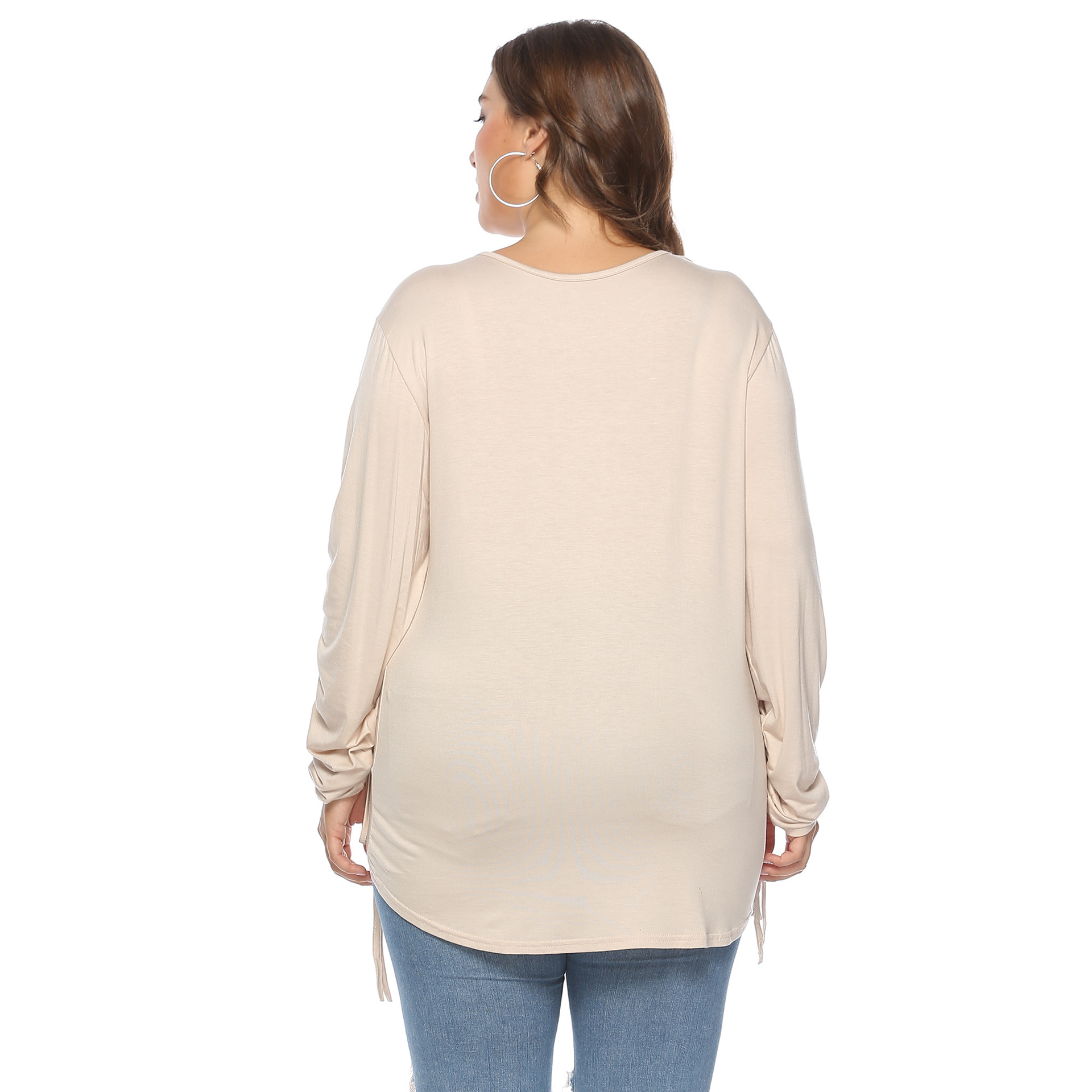 plus size lip print V-neck sequined drawstring long sleeves T-shirt NSOY125380