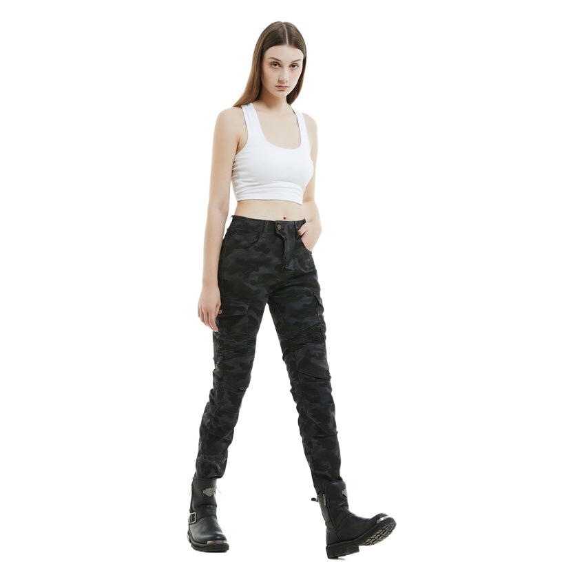 VOLERO pantalones de montar a caballo de la motocicleta Caballero de las mujeres pantalones elásticos anti-caída ocasional de la motocicleta multi-Bolsa de camuflaje azul monos