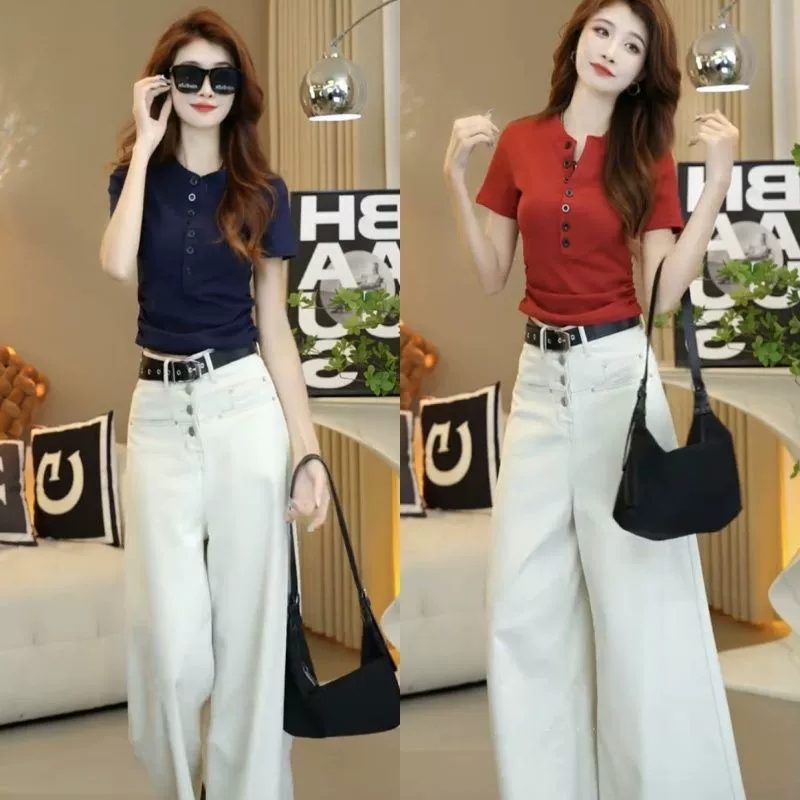 Свежий и простой летний костюм 2025 года: элегантный топ + широкие брюки из хлопчатобумажной ткани с высокой талией. Двухпредметный комплект.