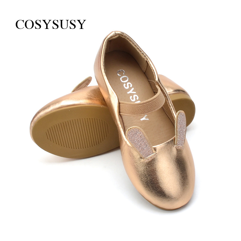 外貿2022中童公主鞋玫瑰金兔耳朵平底童鞋pu Princess girl shoes