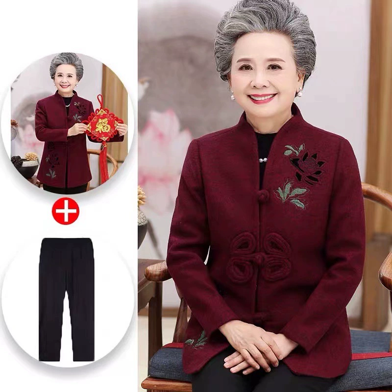 Осеннее Женское шерстяное пальто для женщин среднего и пожилого возраста, 60 лет, 70 лет, бабушка, красное праздничное, костюм Тан на день рождения старика