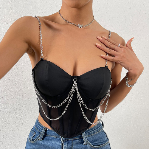 European and American  Summer Street Hot Girl Mesh Perspective Deep V Irregular Steel Ring Fishbone Backless Chain Sling A986