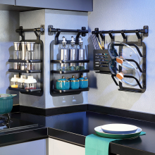 免打孔厨房置物架黑色太空铝刀架挂杆锅盖架调料架墙上转角收纳无