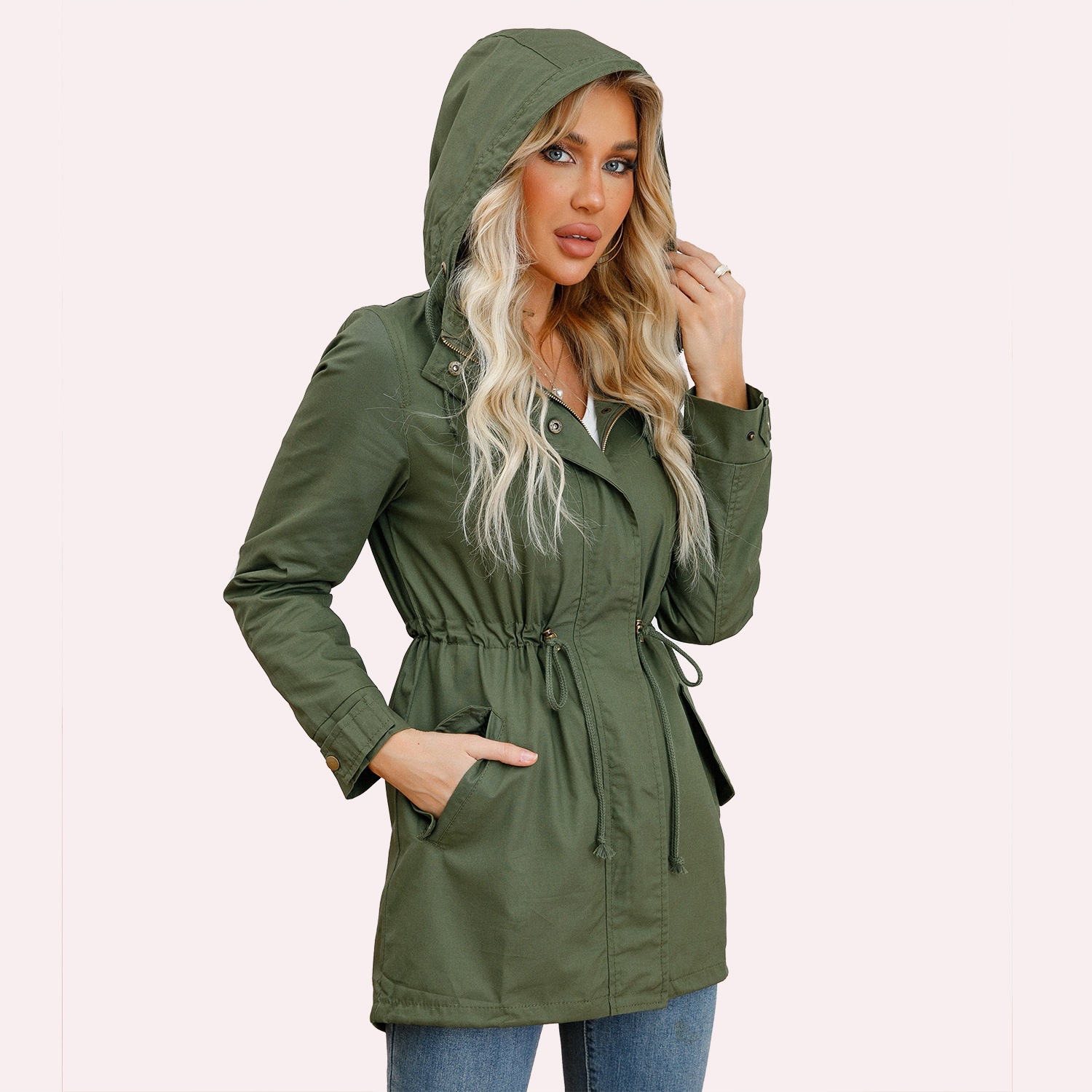 2022 New Cotton Hooded Windbreaker Women's Spring and Autumn Jacket European and American Large Size Loose Solid Color Clothing Cross-Border Women's Clothing