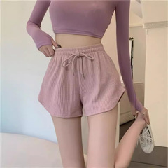 女性の半ズボンのワッフルの新型の夏の高腰の大きいサイズの半ズボンのネットの赤いフィットネスのスポーツのズボンのゆったりしているカジュアルなズボン