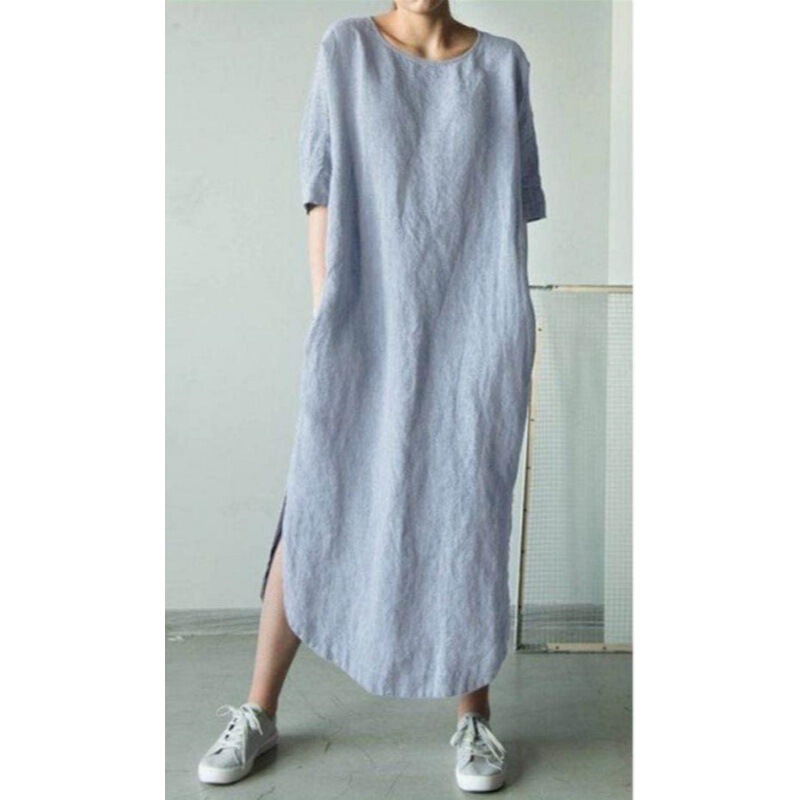 26 New Summer Style Loose Plus-Size Women's Foreign Trade Round-Neck Mid-Sleeve Solid Color Side Slit Mid-Calf Cotton-Linen Dress