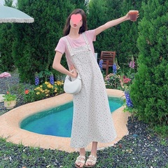 碎花背带裙甜美小清新宽松中长裙女夏季减龄遮肉设计感连衣裙