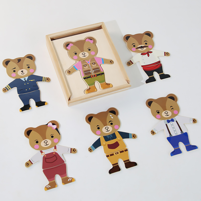Educación temprana para niños, oso, vestir, rompecabezas, rompecabezas tridimensionales, ejercicio, combinación de acción fina, rompecabezas, juguetes de madera