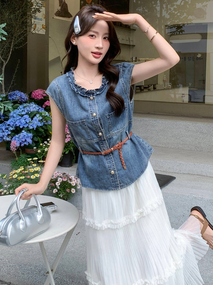 Bộ yếm quần denim không tay kết hợp chân váy ngắn nữ 2 món mùa hè 2026 — Màu ảnh