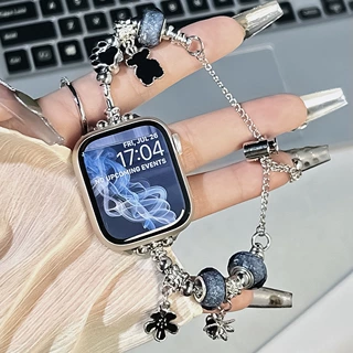 适用苹果Watchs9表带8代通用潘家珠子手表带小香风伸缩链串珠表带