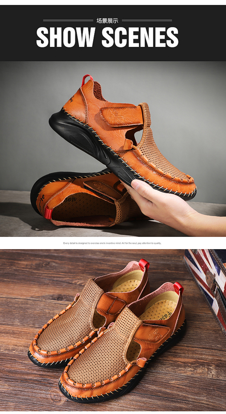 Cross-border plus-size men's sandals 2021 Summer new style mesh shoes, perforated breathable cowhide outdoor sports wading slippers undefined